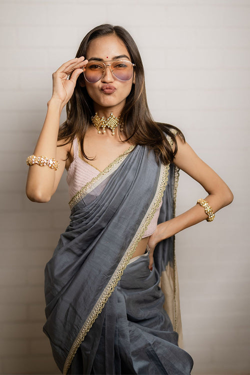 Samoolam Grey & Champagne Lavanya handwoven sarees