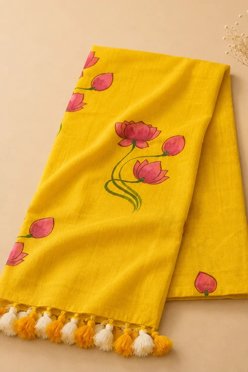 Whe Yellow Lotus Hand Painted Mul Cotton Saree