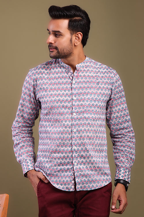 Shuddhi Chevron Printed Pink And Gray Mens Shirt