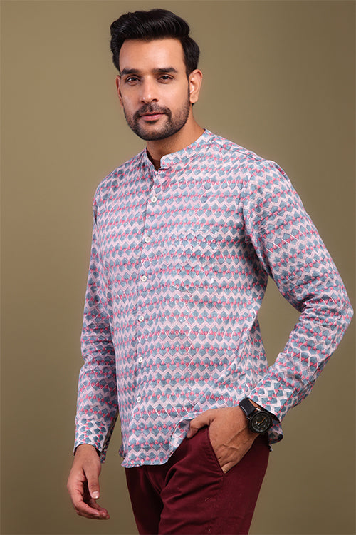 Shuddhi Chevron Printed Pink And Gray Mens Shirt