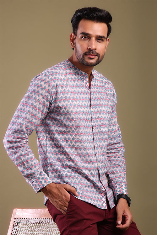 Shuddhi Chevron Printed Pink And Gray Mens Shirt