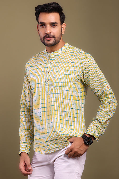 Shuddhi Yellow And Green Striped Mens Shirt