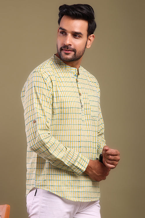 Shuddhi Yellow And Green Striped Mens Shirt