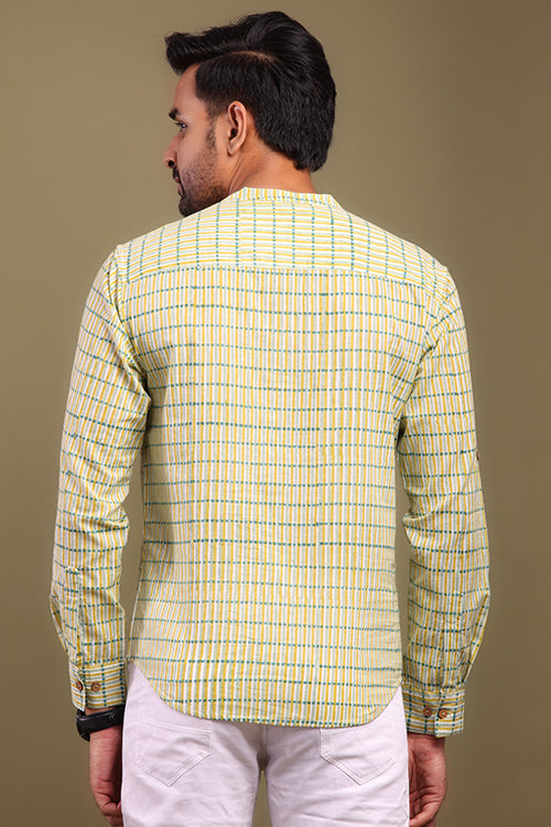 Shuddhi Yellow And Green Striped Mens Shirt