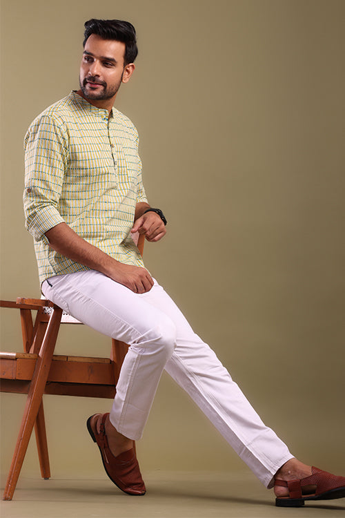 Shuddhi Yellow And Green Striped Mens Shirt