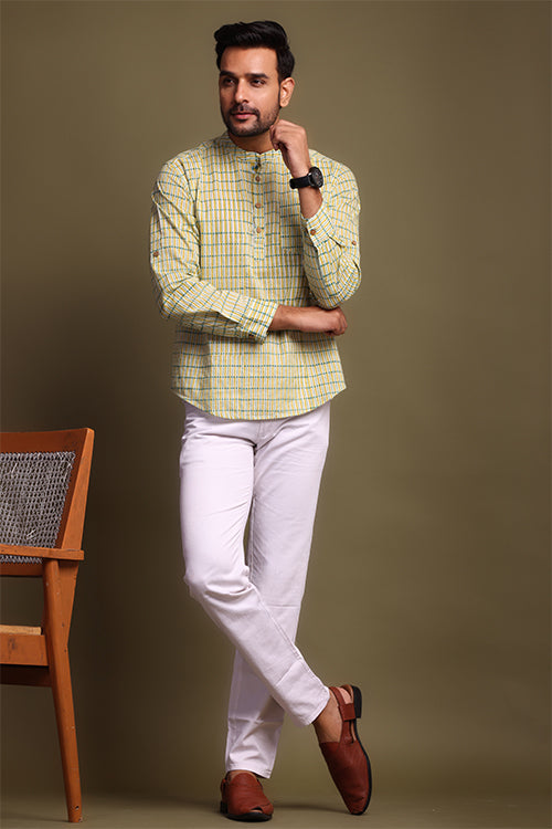 Shuddhi Yellow And Green Striped Mens Shirt