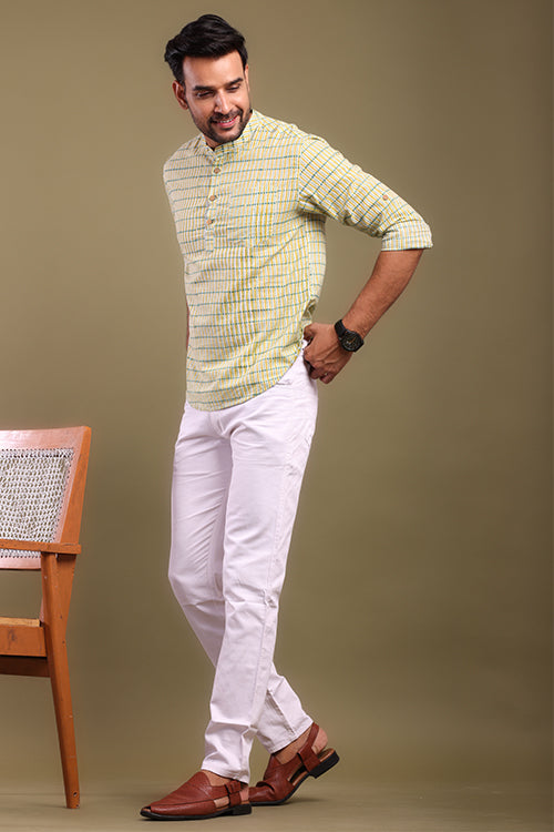 Shuddhi Yellow And Green Striped Mens Shirt