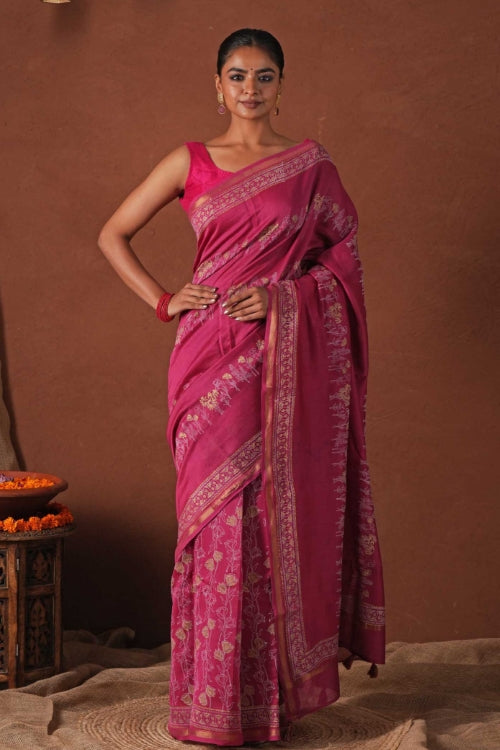 Sooti Syahi ' Golden Dawn' Hand Block Printed Chanderi Silk Saree