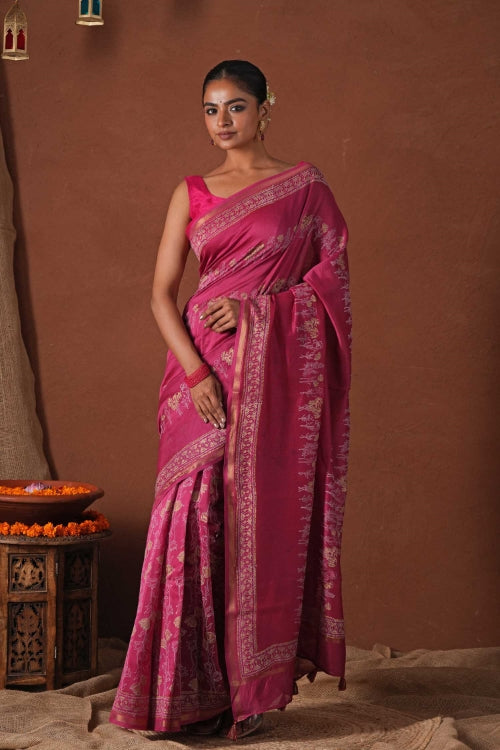 Sooti Syahi ' Golden Dawn' Hand Block Printed Chanderi Silk Saree
