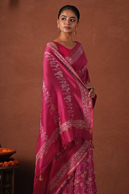 Sooti Syahi ' Golden Dawn' Hand Block Printed Chanderi Silk Saree