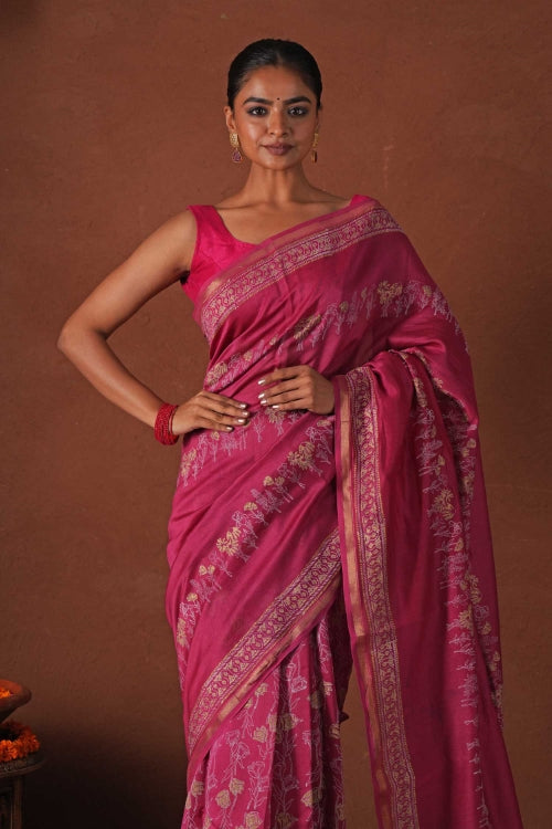 Sooti Syahi ' Golden Dawn' Hand Block Printed Chanderi Silk Saree