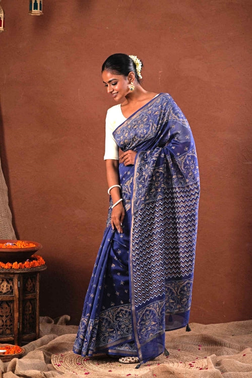 Sooti Syahi ' Blue Horizon' Hand Block Printed Chanderi Silk Saree