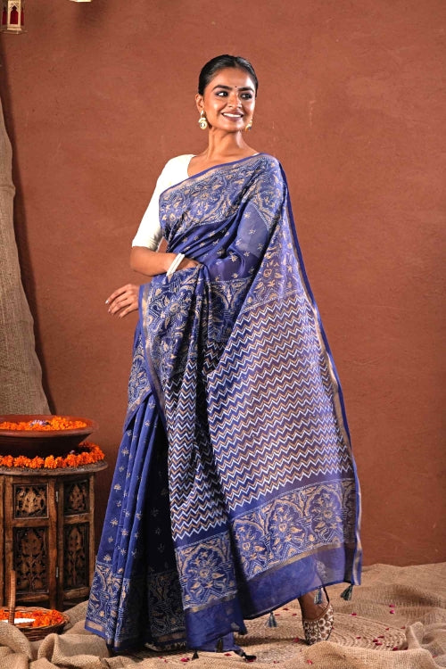 Sooti Syahi ' Blue Horizon' Hand Block Printed Chanderi Silk Saree