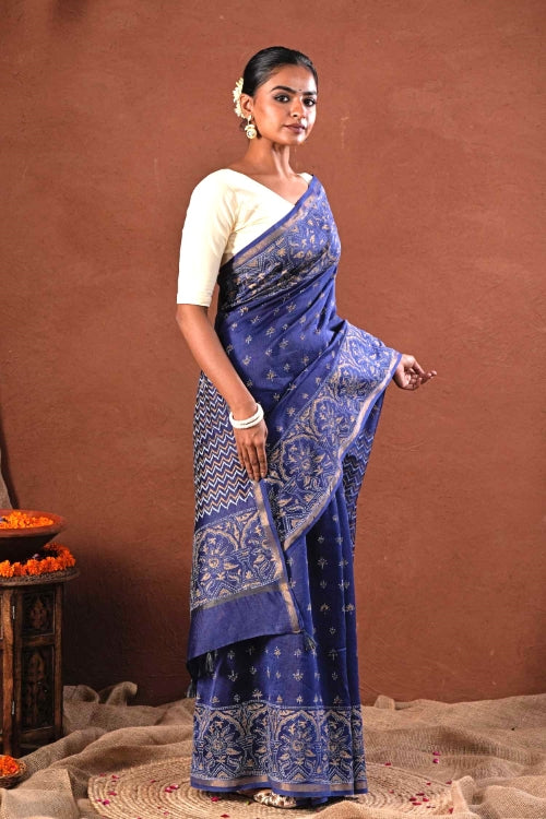 Sooti Syahi ' Blue Horizon' Hand Block Printed Chanderi Silk Saree
