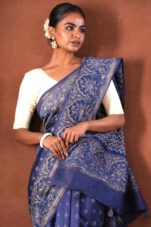 Sooti Syahi ' Blue Horizon' Hand Block Printed Chanderi Silk Saree