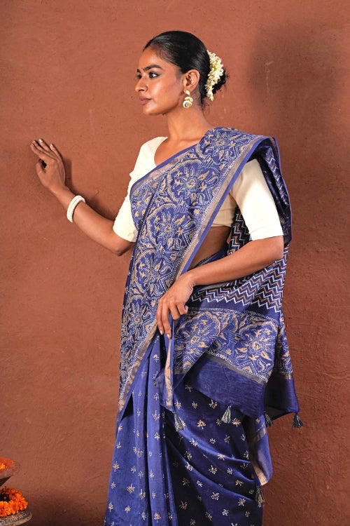 Sooti Syahi ' Blue Horizon' Hand Block Printed Chanderi Silk Saree