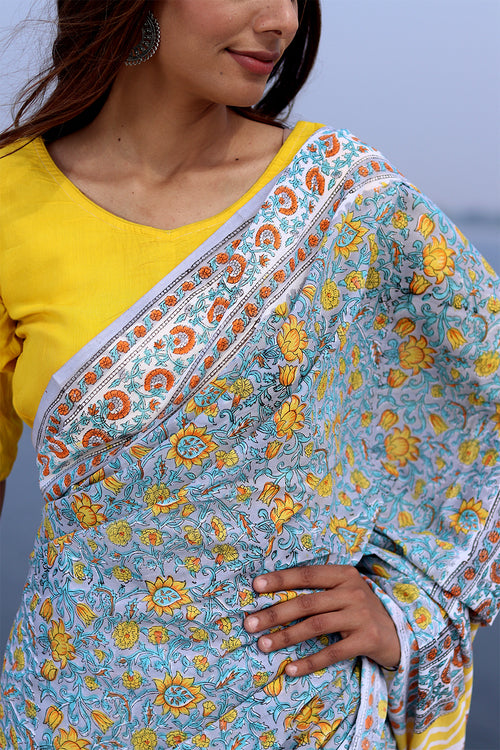 Sooti Syahi "Cosmic Gray" Block Printed Cotton Saree
