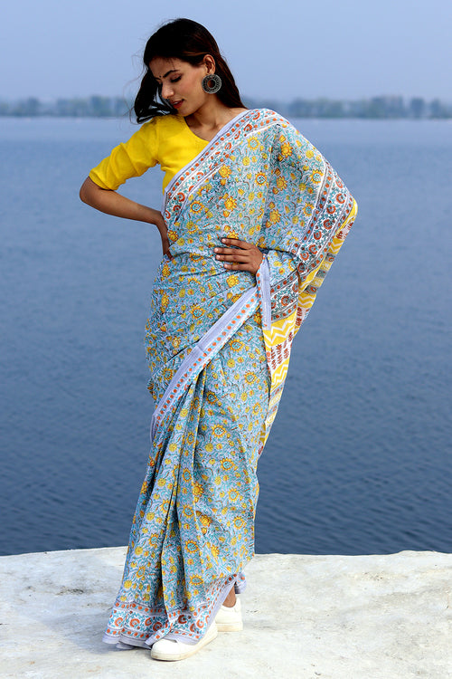 Sooti Syahi "Cosmic Gray" Block Printed Cotton Saree