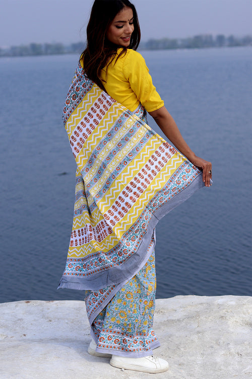 Sooti Syahi "Cosmic Gray" Block Printed Cotton Saree