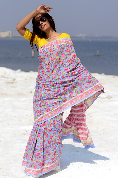 Sooti Syahi "Vibrant Bliss" Block Printed Cotton Saree
