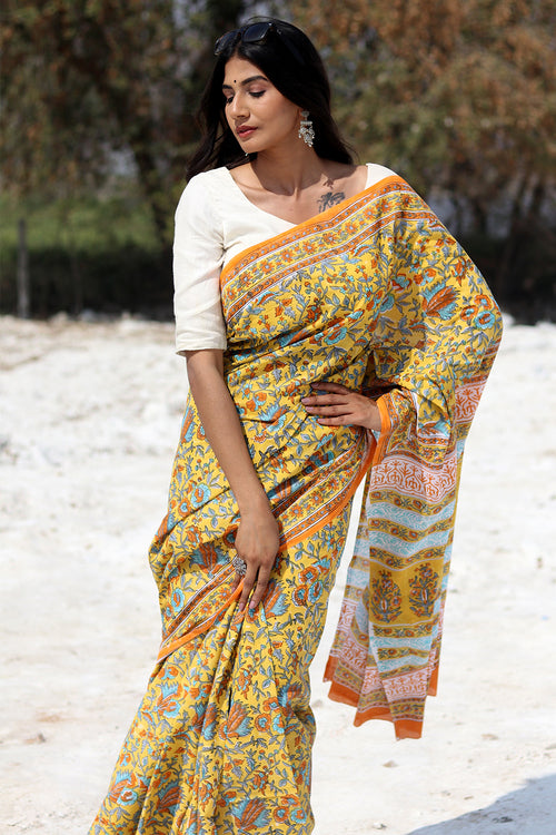 Sooti Syahi "Yellow Carnation" Block Printed Cotton Saree