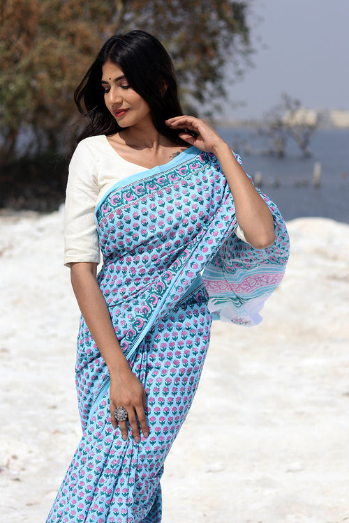 Sooti Syahi "Blue Popsicle" Block Printed Cotton Saree