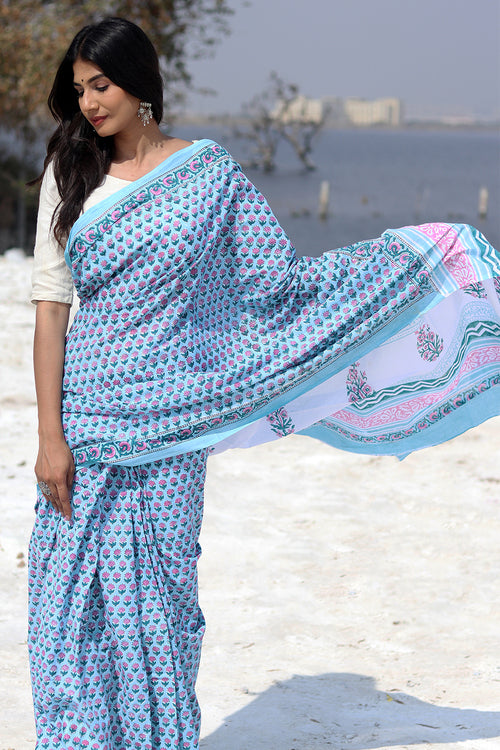 Sooti Syahi "Blue Popsicle" Block Printed Cotton Saree