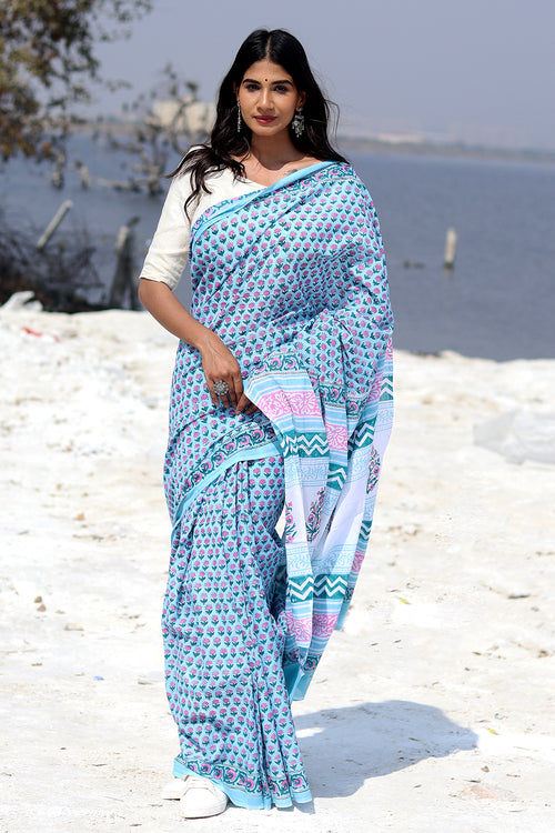 Sooti Syahi "Blue Popsicle" Block Printed Cotton Saree