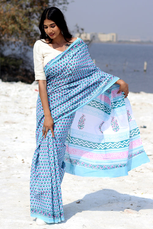 Sooti Syahi "Blue Popsicle" Block Printed Cotton Saree