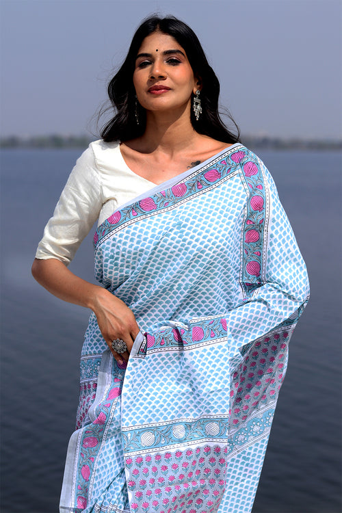 Sooti Syahi "Organic Breeze" Block Printed Cotton Saree