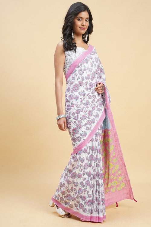Sooti Syahi "Azalia Pink" Handblock Print Mul Cotton Saree