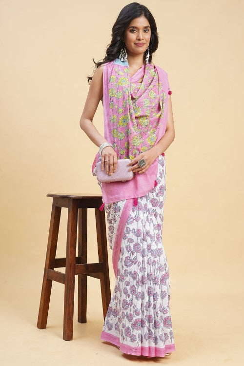 Sooti Syahi "Azalia Pink" Handblock Print Mul Cotton Saree