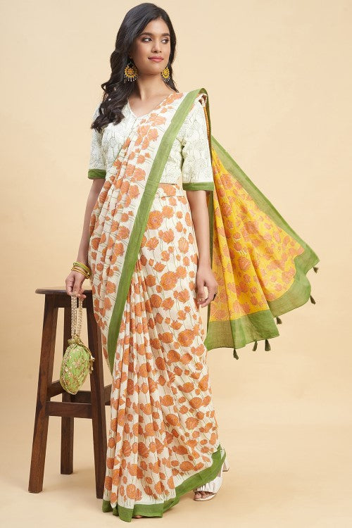 Sooti Syahi "Azalia Orange" Handblock Print Mul Cotton Saree