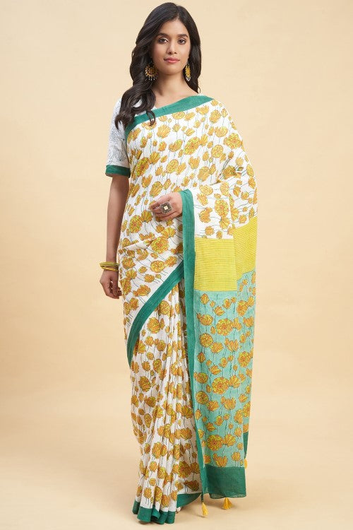 Sooti Syahi Azalia Green Handblock Print Cotton Saree Online