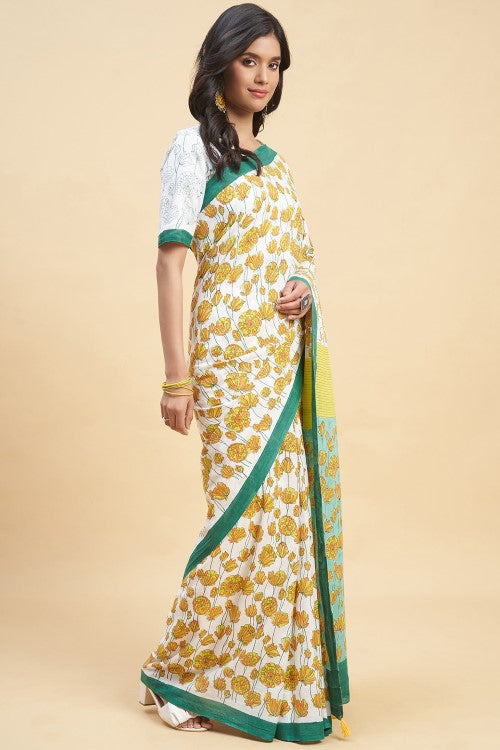Sooti Syahi "Azalia Green" Handblock Print Mul Cotton Saree
