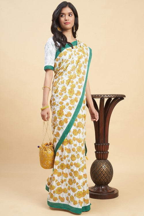 Sooti Syahi "Azalia Green" Handblock Print Mul Cotton Saree