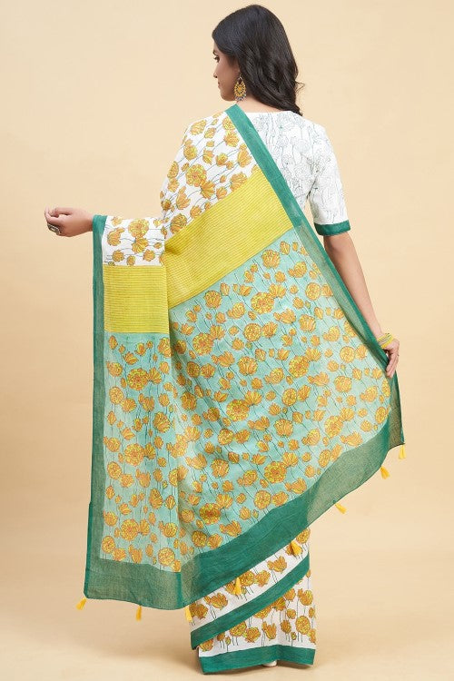 Sooti Syahi "Azalia Green" Handblock Print Mul Cotton Saree