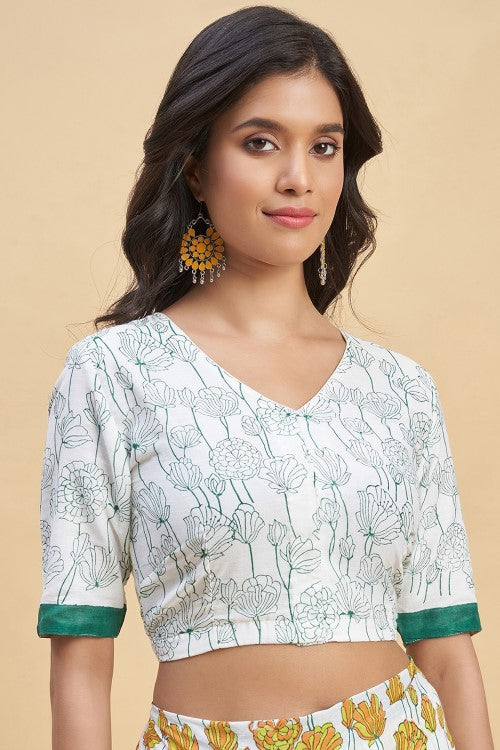 Sooti Syahi "Azalia Green" Handblock Print Mul Cotton Saree