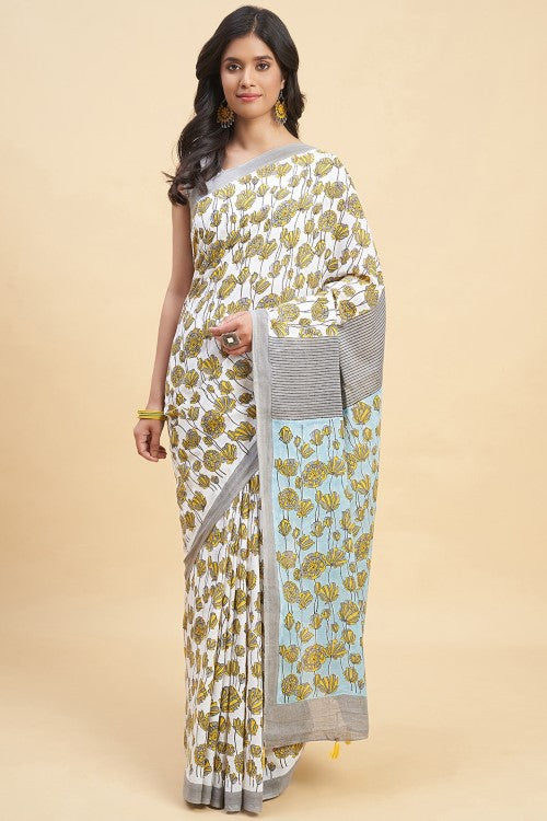 Sooti Syahi Azalia Gray Handblock Print Cotton Saree Online