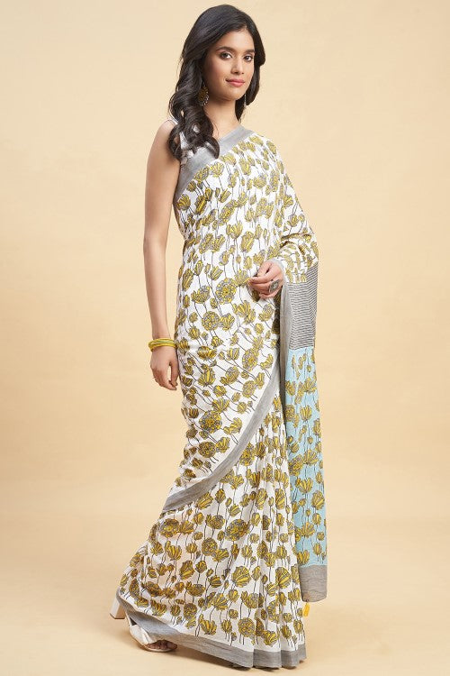 Sooti Syahi "Azalia Gray" Handblock Print Mul Cotton Saree