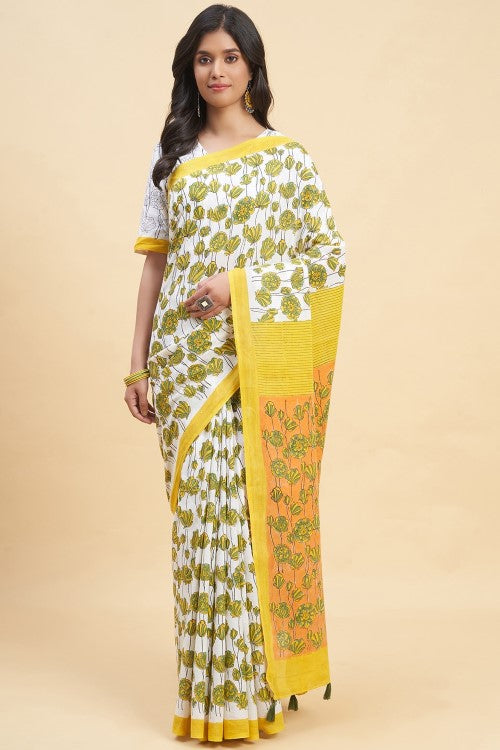 Sooti Syahi Azalia Yellow Handblock Print Cotton Saree Online