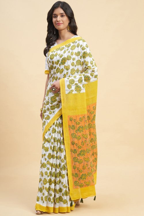 Sooti Syahi Azalia Yellow Handblock Print Cotton Saree Online