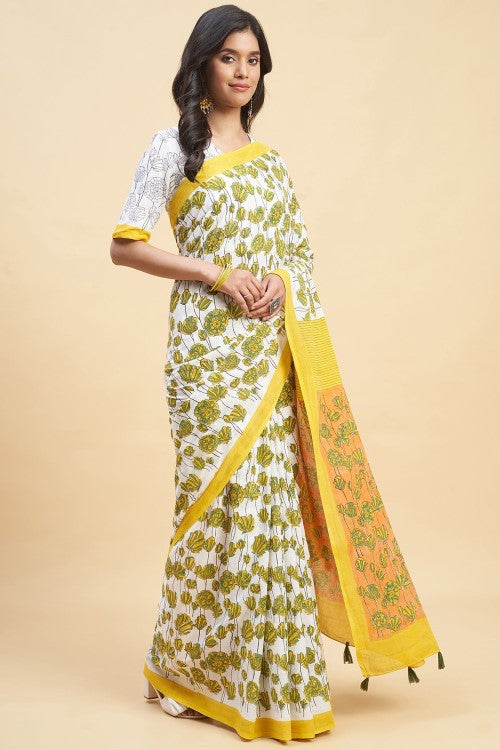 Sooti Syahi " Azalia Yellow" Handblock Print Mul Cotton Saree