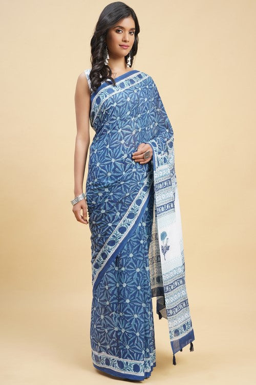 Sooti Syahi Daffodil Blue Block Print Cotton Saree Online