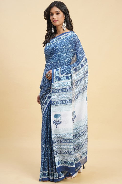 Sooti Syahi "Daffodil Blue" Handblock Print Mul Cotton Saree