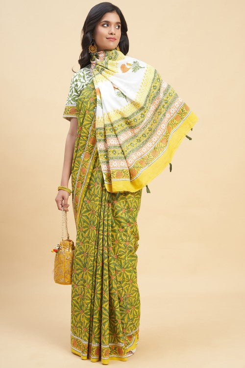 Sooti Syahi "Daffodil Green" Handblock Print Mul Cotton Saree