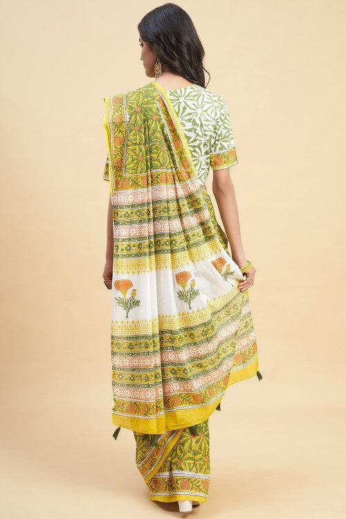 Sooti Syahi "Daffodil Green" Handblock Print Mul Cotton Saree