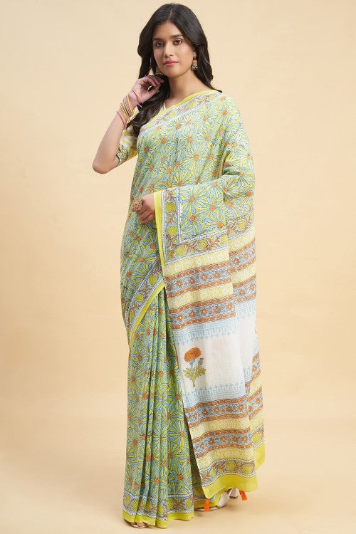 Sooti Syahi Daffodil Yellow Block Print Cotton Saree Online