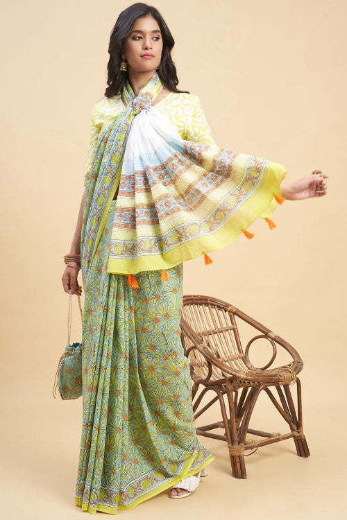 Sooti Syahi "Daffodil Yellow" Handblock Print Mul Cotton Saree