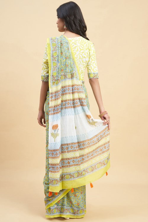 Sooti Syahi "Daffodil Yellow" Handblock Print Mul Cotton Saree